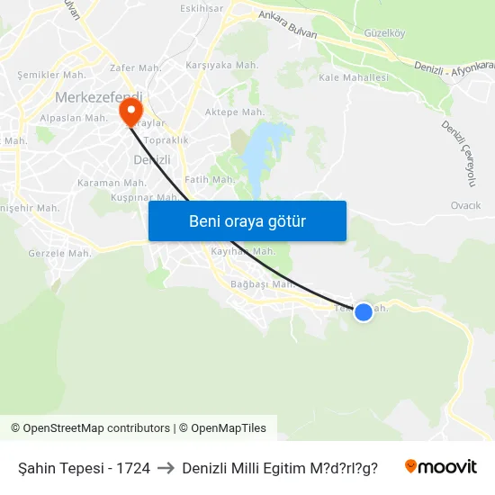 Şahin Tepesi - 1724 to Denizli Milli Egitim M?d?rl?g? map
