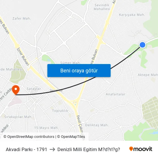 Akvadi Parkı - 1791 to Denizli Milli Egitim M?d?rl?g? map