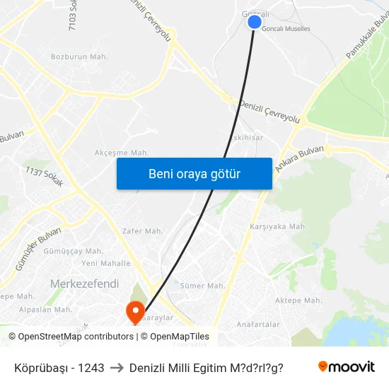 Köprübaşı - 1243 to Denizli Milli Egitim M?d?rl?g? map