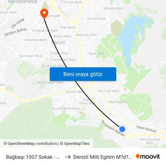 Bağbaşı 1007 Sokak - 1063 to Denizli Milli Egitim M?d?rl?g? map