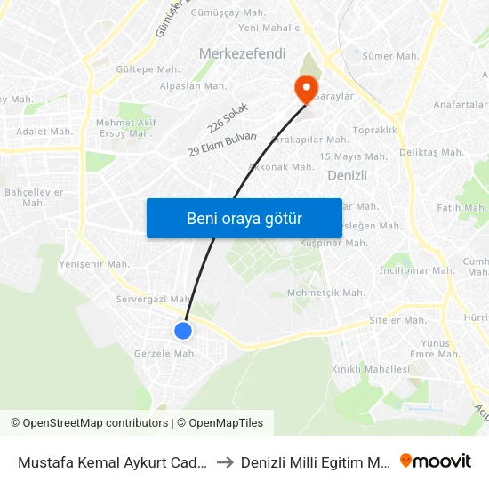 Mustafa Kemal Aykurt Caddesi - 595 to Denizli Milli Egitim M?d?rl?g? map