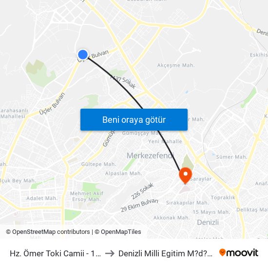 Hz. Ömer Toki Camii - 1663 to Denizli Milli Egitim M?d?rl?g? map