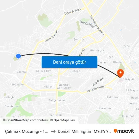 Çakmak Mezarlığı - 140 to Denizli Milli Egitim M?d?rl?g? map