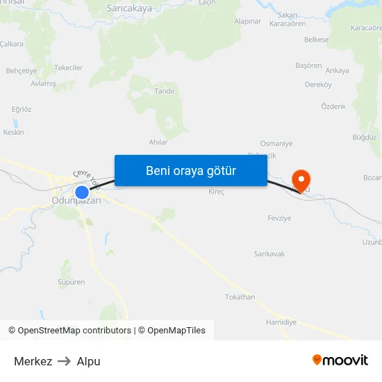 Merkez to Alpu map