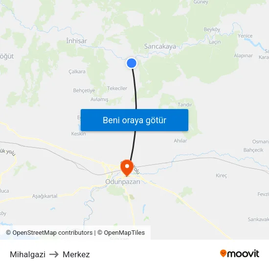 Mihalgazi to Merkez map