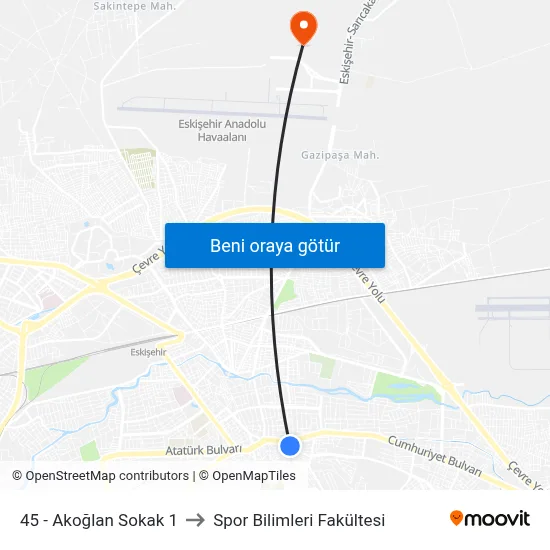 45 - Akoğlan Sokak 1 to Spor Bilimleri Fakültesi map