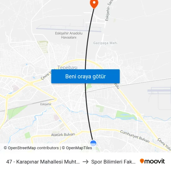47 - Karapınar Mahallesi Muhtarlığı-2 to Spor Bilimleri Fakültesi map