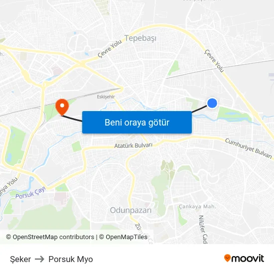Şeker to Porsuk Myo map