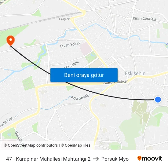 47 - Karapınar Mahallesi Muhtarlığı-2 to Porsuk Myo map