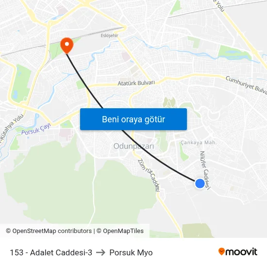 153 - Adalet Caddesi-3 to Porsuk Myo map