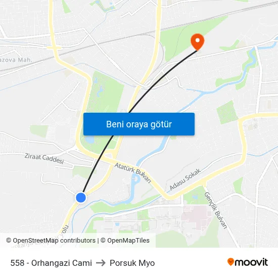 558 - Orhangazi Cami to Porsuk Myo map