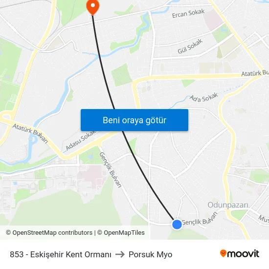 853 - Eskişehir Kent Ormanı to Porsuk Myo map