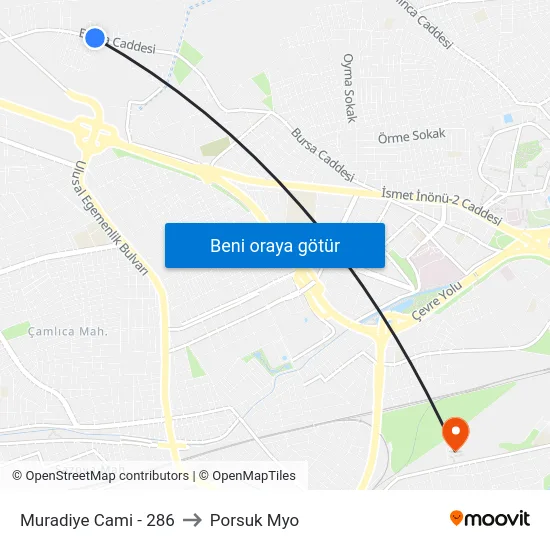 Muradiye Cami - 286 to Porsuk Myo map