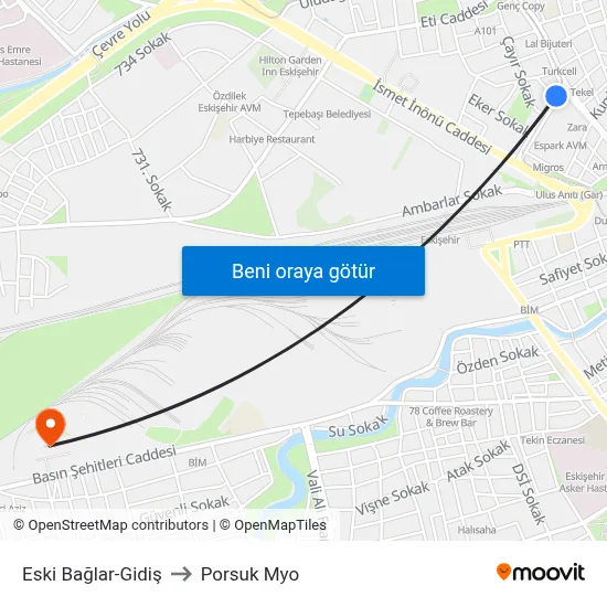 Eski Bağlar-Gidiş to Porsuk Myo map