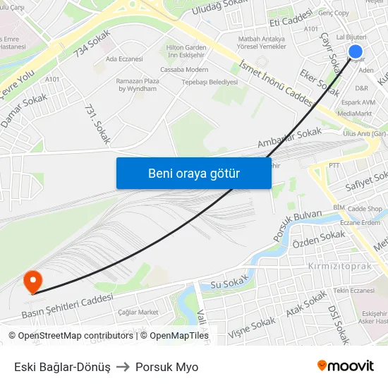 Bağlar to Porsuk Myo map