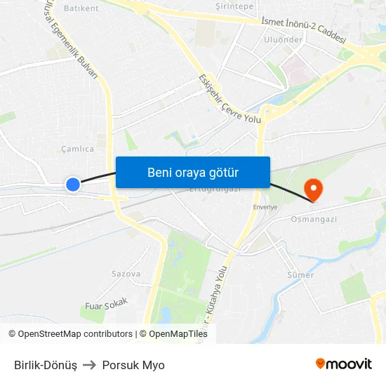 Birlik to Porsuk Myo map