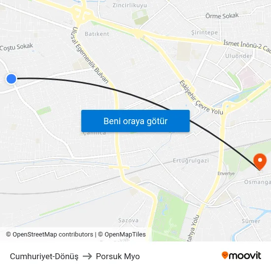 Cumhuriyet to Porsuk Myo map