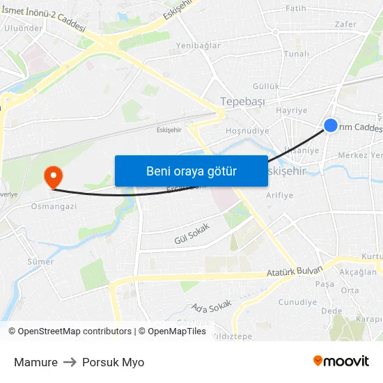Mamure to Porsuk Myo map