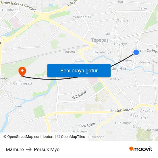 Mamure to Porsuk Myo map