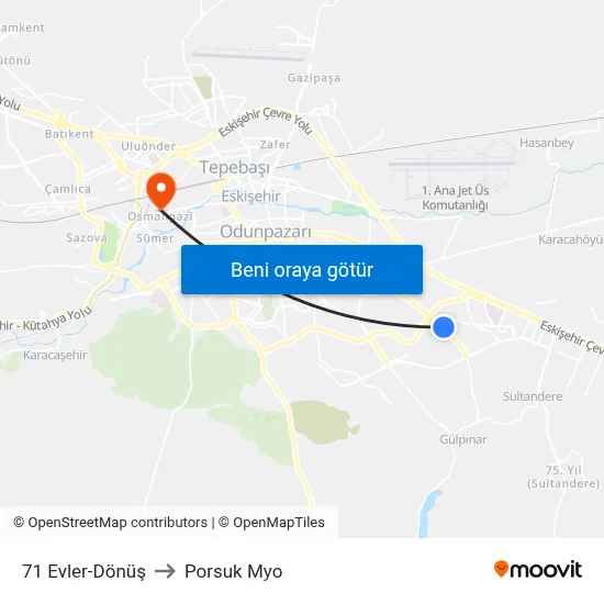71 Evler to Porsuk Myo map