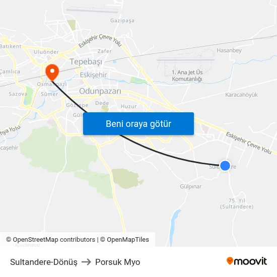 Sultandere to Porsuk Myo map