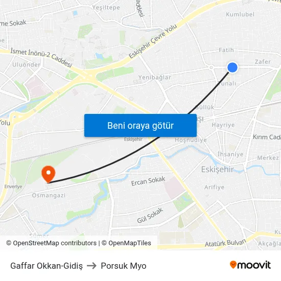 Gaffar Okkan to Porsuk Myo map