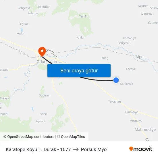 Karatepe Köyü 1. Durak - 1677 to Porsuk Myo map
