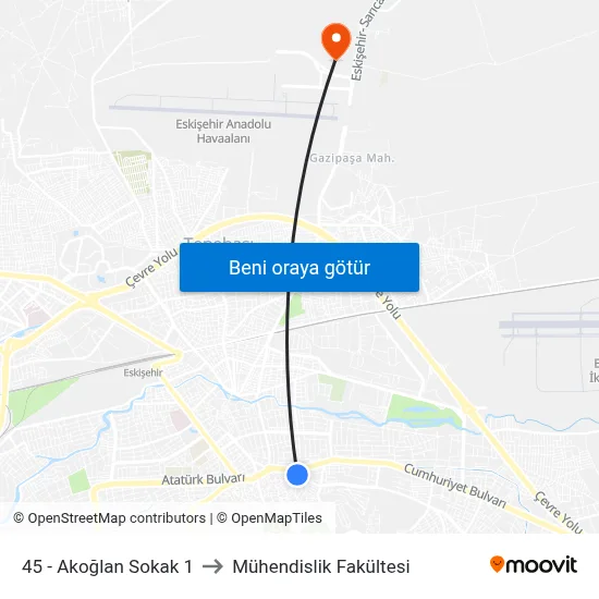 45 - Akoğlan Sokak 1 to Mühendislik Fakültesi map