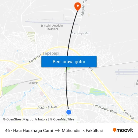 46 - Hacı Hasanağa Cami to Mühendislik Fakültesi map