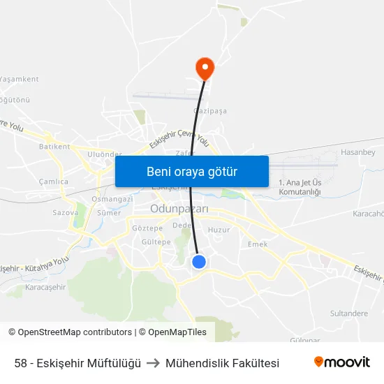 58 - Eskişehir Müftülüğü to Mühendislik Fakültesi map