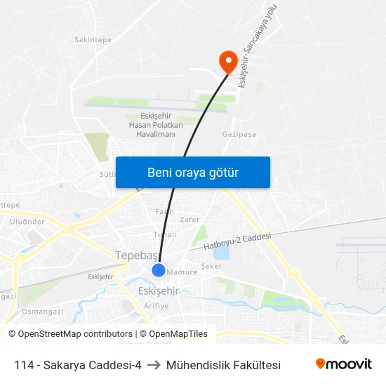 114 - Sakarya Caddesi-4 to Mühendislik Fakültesi map