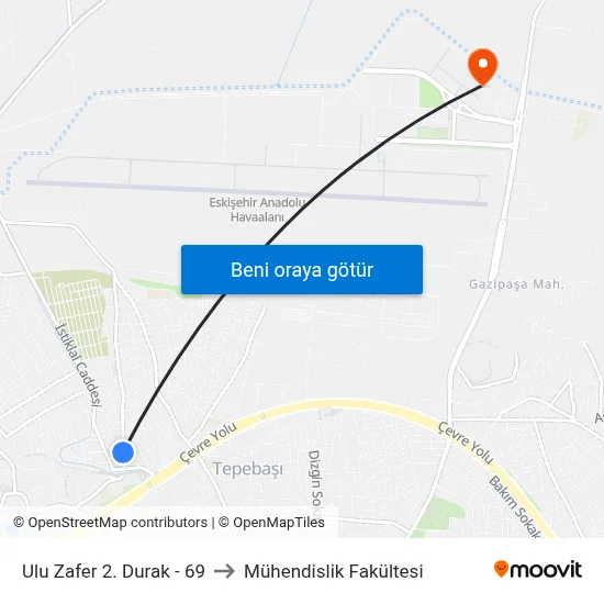 Ulu Zafer 2. Durak - 69 to Mühendislik Fakültesi map