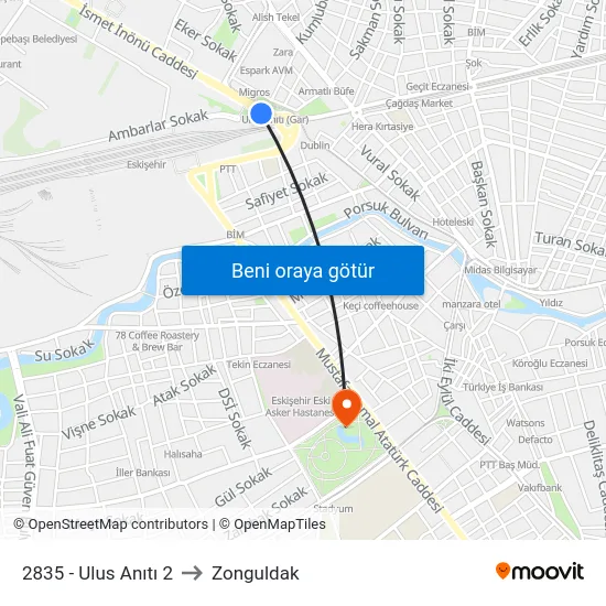 2835 - Ulus Anıtı 2 to Zonguldak map