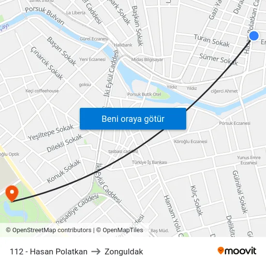 112 - Hasan Polatkan to Zonguldak map