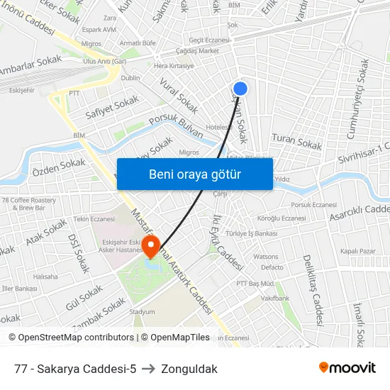 77 - Sakarya Caddesi-5 to Zonguldak map