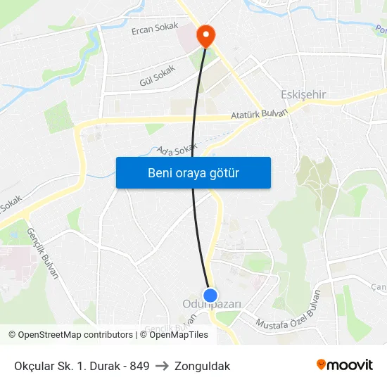 Okçular Sk. 1. Durak - 849 to Zonguldak map