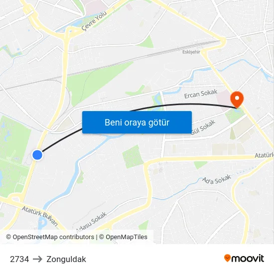 2734 to Zonguldak map