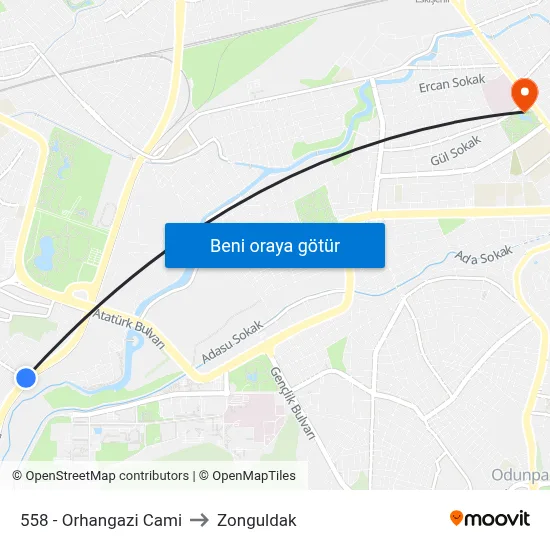 558 - Orhangazi Cami to Zonguldak map