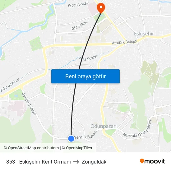 853 - Eskişehir Kent Ormanı to Zonguldak map