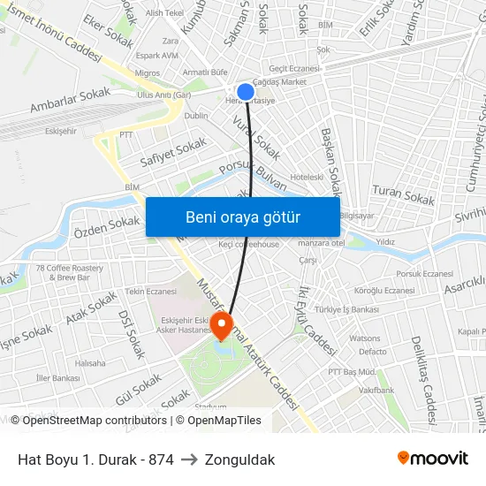 Hat Boyu 1. Durak - 874 to Zonguldak map