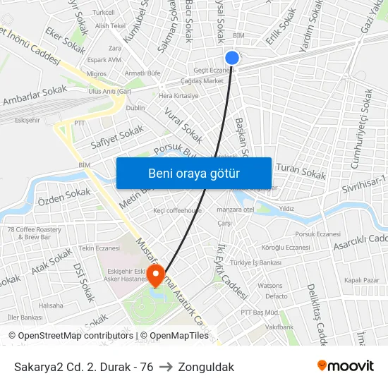 Sakarya2 Cd. 2. Durak - 76 to Zonguldak map