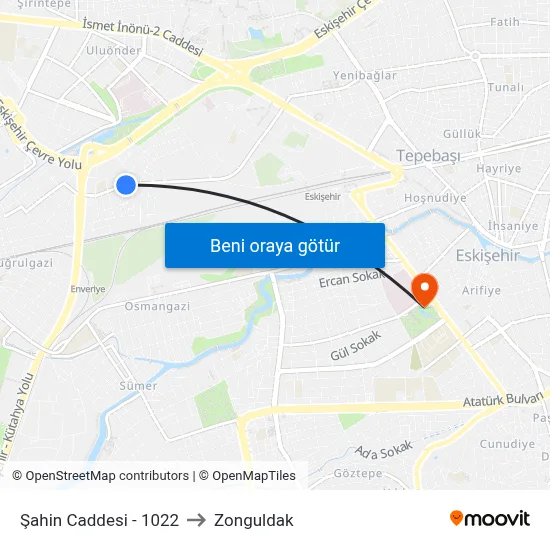 1022 - Beşevler to Zonguldak map