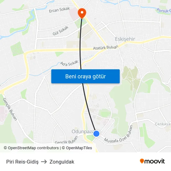 Piri Reis-Gidiş to Zonguldak map