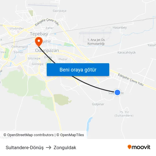 Sultandere to Zonguldak map