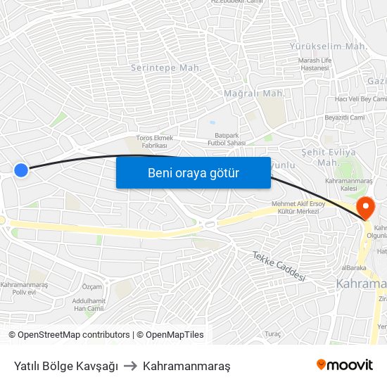 Yatılı Bölge Kavşağı to Kahramanmaraş map