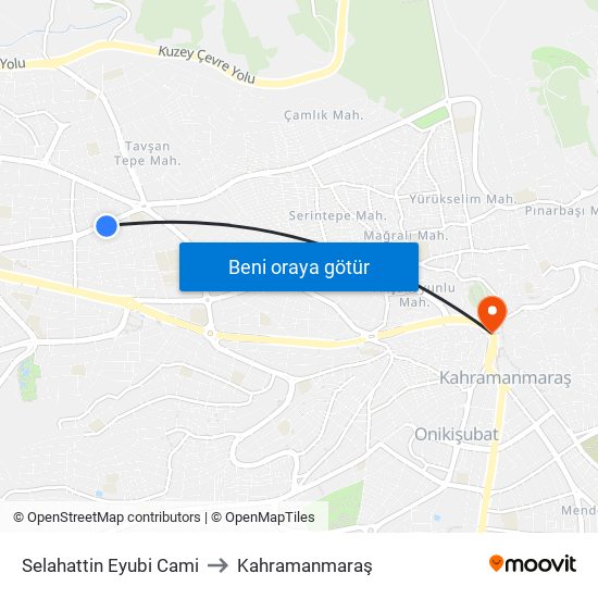 Selahattin Eyubi Cami to Kahramanmaraş map