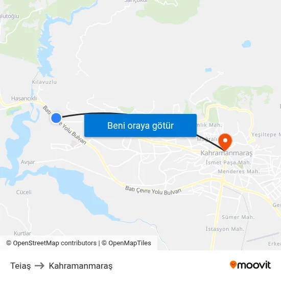Teiaş to Kahramanmaraş map