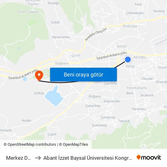 Merkez Durak to Abant İzzet Baysal Üniversitesi Kongre Merkezi map