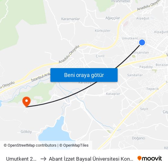 Umutkent 20 Ada to Abant İzzet Baysal Üniversitesi Kongre Merkezi map