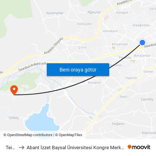 Teiaş to Abant İzzet Baysal Üniversitesi Kongre Merkezi map